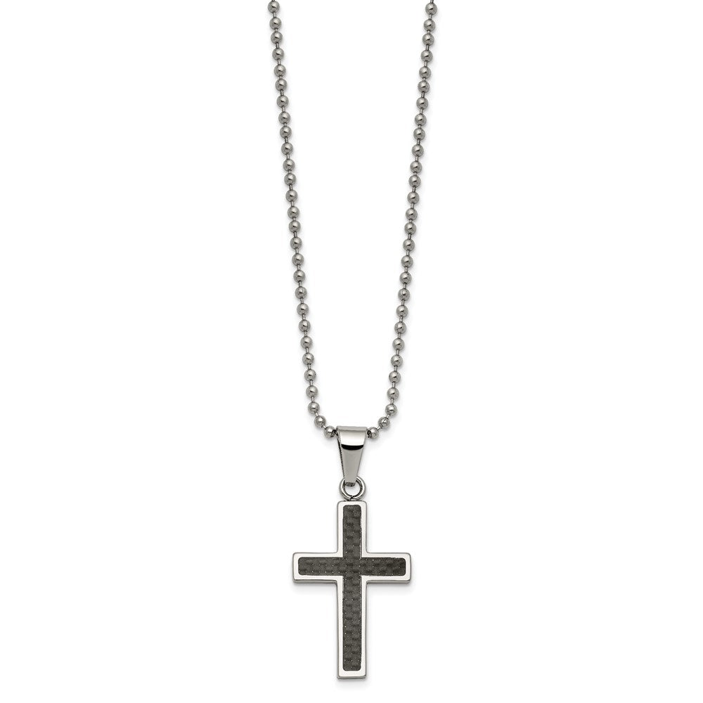 Chisel Stainless Steel Polished with Black Carbon Fiber Inlay Cross Pendant on a 22 inch Ball Chain Necklace SRN108-22