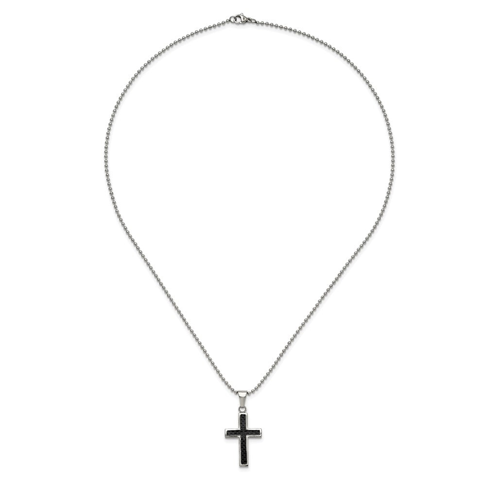 Chisel Stainless Steel Polished with Black Carbon Fiber Inlay Cross Pendant on a 22 inch Ball Chain Necklace SRN108-22