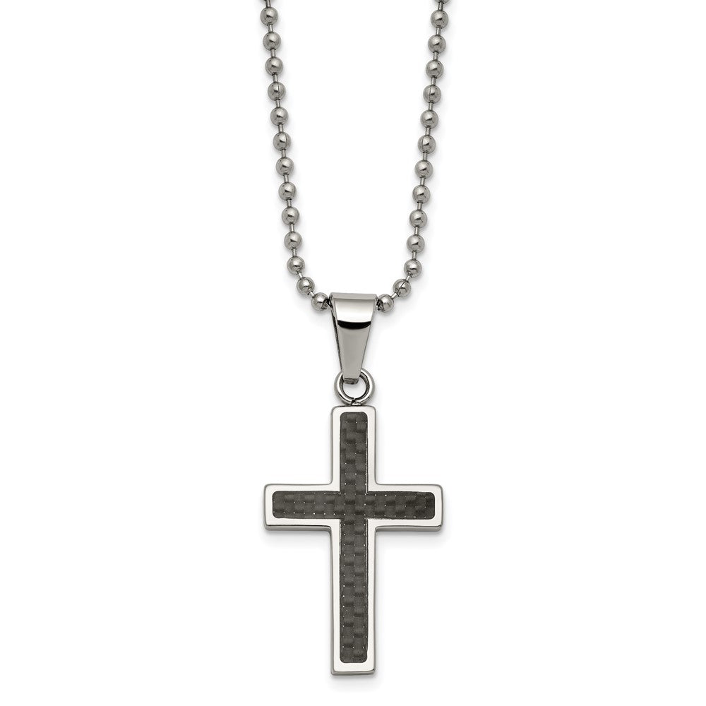 Chisel Stainless Steel Polished with Black Carbon Fiber Inlay Cross Pendant on a 22 inch Ball Chain Necklace SRN108-22