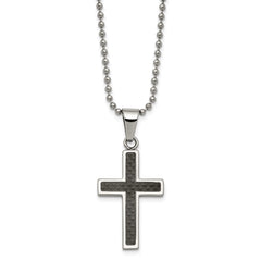 Chisel Stainless Steel Polished with Black Carbon Fiber Inlay Cross Pendant on a 22 inch Ball Chain Necklace SRN108-22