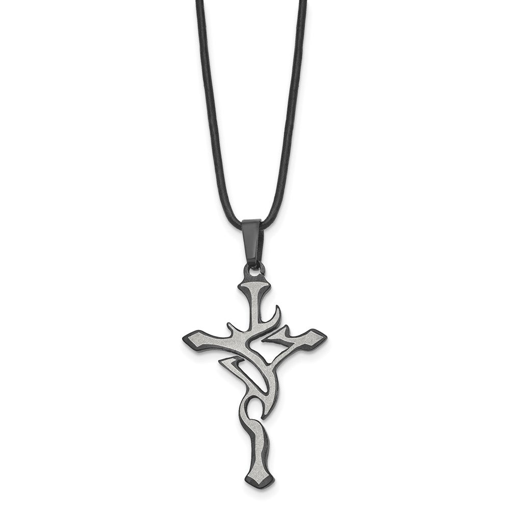 Chisel Stainless Steel Brushed and Polished Black IP-plated Cross Pendant on an 18 inch Leather Cord Necklace SRN114-18
