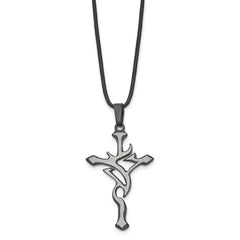 Chisel Stainless Steel Brushed and Polished Black IP-plated Cross Pendant on an 18 inch Leather Cord Necklace SRN114-18