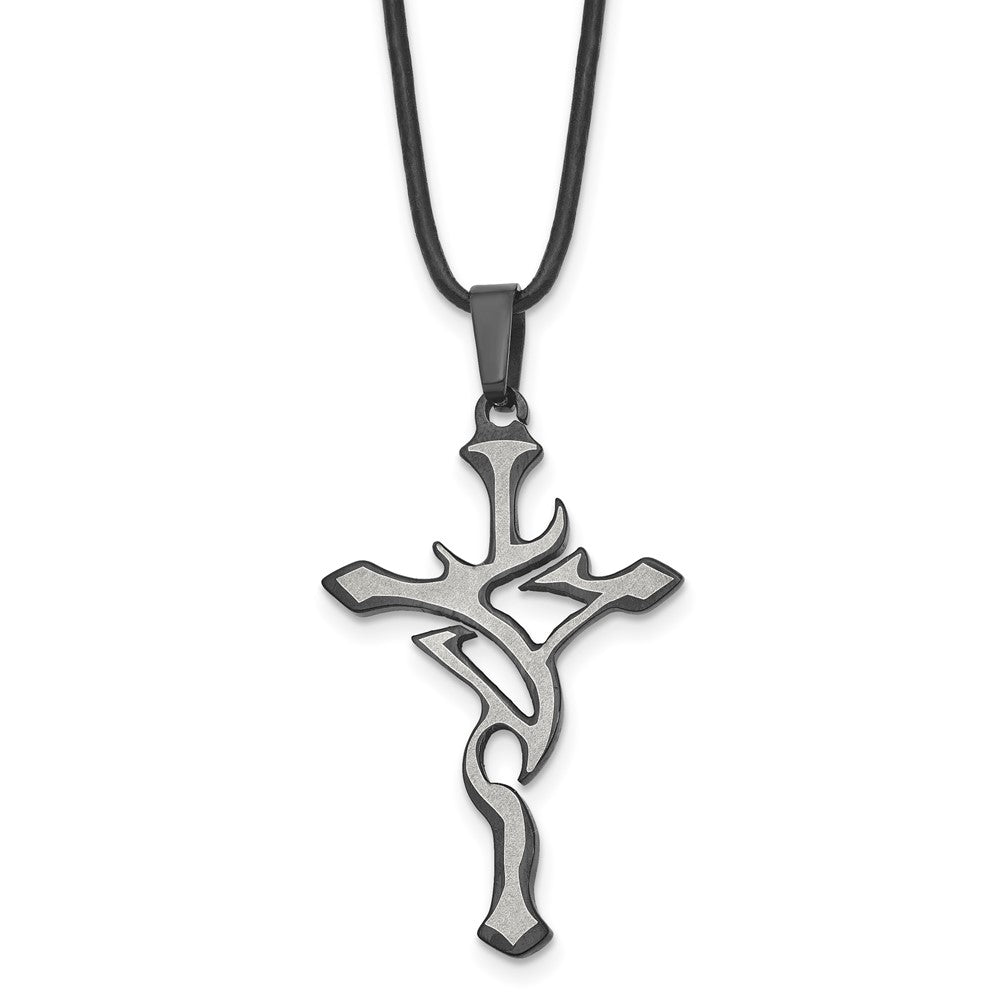 Chisel Stainless Steel Brushed and Polished Black IP-plated Cross Pendant on an 18 inch Leather Cord Necklace SRN114-18