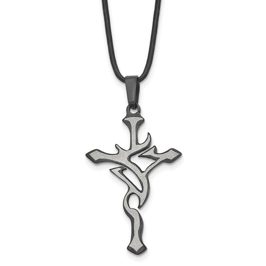 Chisel Stainless Steel Brushed and Polished Black IP-plated Cross Pendant on an 18 inch Leather Cord Necklace SRN114-18