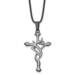 Chisel Stainless Steel Brushed and Polished Black IP-plated Cross Pendant on an 18 inch Leather Cord Necklace SRN114-18