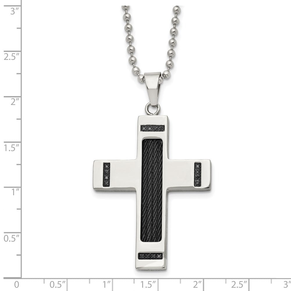 Chisel Stainless Steel Polished Black IP-plated 1/10 carat Black Diamond Cross Pendant on a 24 inch Ball Chain Necklace SRN1646-24