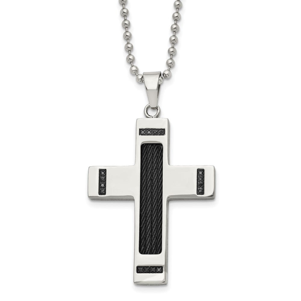 Chisel Stainless Steel Polished Black IP-plated 1/10 carat Black Diamond Cross Pendant on a 24 inch Ball Chain Necklace SRN1646-24