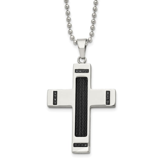 Chisel Stainless Steel Polished Black IP-plated 1/10 carat Black Diamond Cross Pendant on a 24 inch Ball Chain Necklace SRN1646-24