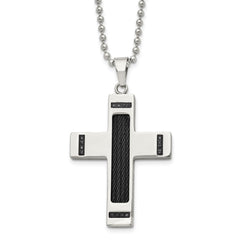 Chisel Stainless Steel Polished Black IP-plated 1/10 carat Black Diamond Cross Pendant on a 24 inch Ball Chain Necklace SRN1646-24