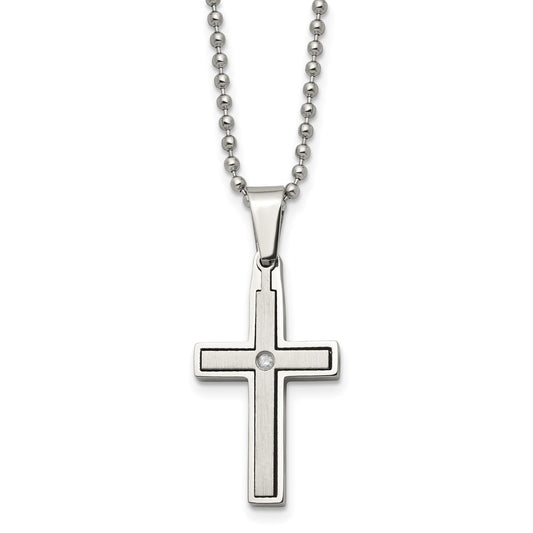 Chisel Stainless Steel Brushed and Polished .03 carat Diamond Cross Pendant on a 22 inch Ball Chain Necklace SRN170-22