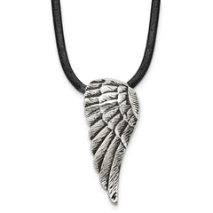 Chisel Stainless Steel Antiqued and Polished Wing Pendant on a 20 inch Leather Cord Necklace SRN1712-20