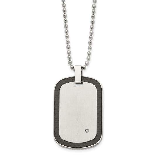 Chisel Stainless Steel Brushed with Black Carbon Fiber Inlay Edges and .01carat Diamond Dog Tag on a 24 inch Ball Chain Necklace SRN179-24