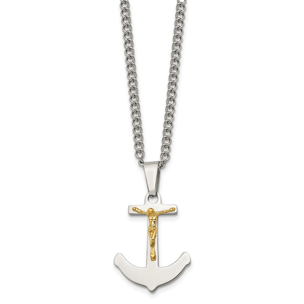 Chisel Stainless Steel Polished with 14k Gold Crucifix Anchor Pendant on a 24 inch Curb Chain Necklace SRN1929-24
