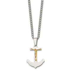 Chisel Stainless Steel Polished with 14k Gold Crucifix Anchor Pendant on a 24 inch Curb Chain Necklace SRN1929-24