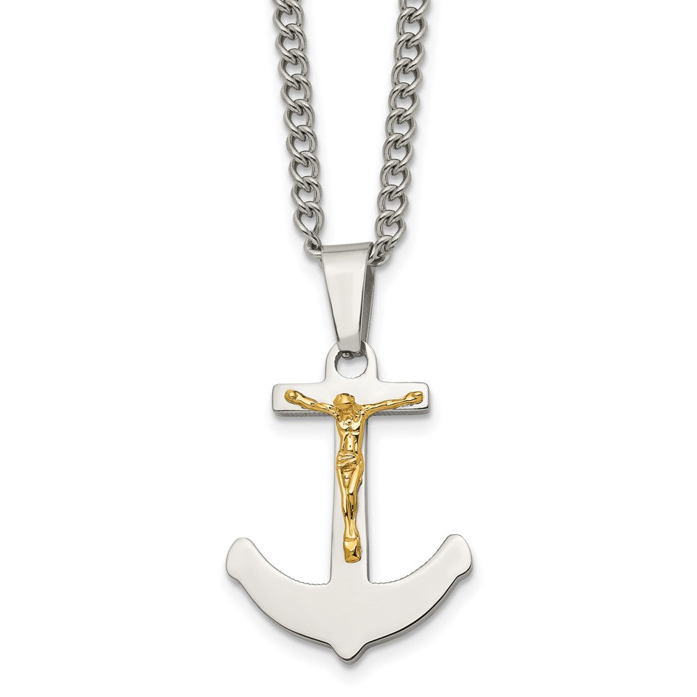 Chisel Stainless Steel Polished with 14k Gold Crucifix Anchor Pendant on a 24 inch Curb Chain Necklace SRN1929-24