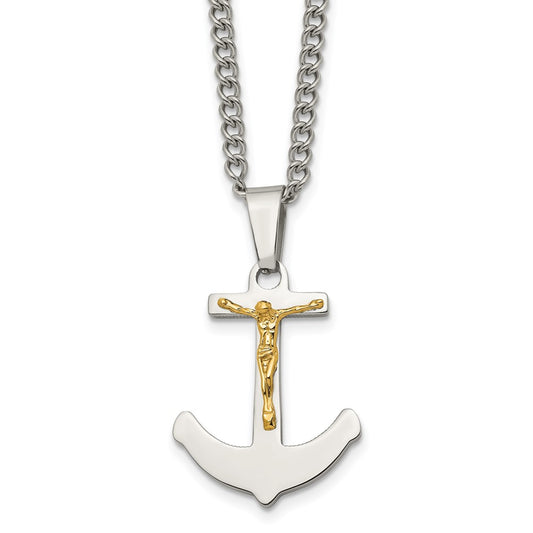 Chisel Stainless Steel Polished with 14k Gold Crucifix Anchor Pendant on a 24 inch Curb Chain Necklace SRN1929-24