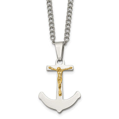 Chisel Stainless Steel Polished with 14k Gold Crucifix Anchor Pendant on a 24 inch Curb Chain Necklace SRN1929-24