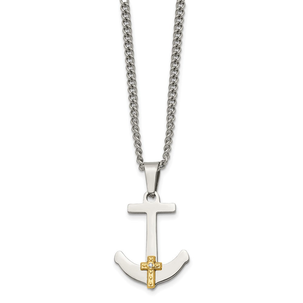 Chisel Stainless Steel Polished with 14k Gold and .02 Carat Diamond Anchor Mariner Cross Pendant on a 24 inch Curb Chain Necklace SRN1949-24