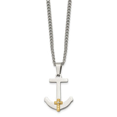 Chisel Stainless Steel Polished with 14k Gold and .02 Carat Diamond Anchor Mariner Cross Pendant on a 24 inch Curb Chain Necklace SRN1949-24