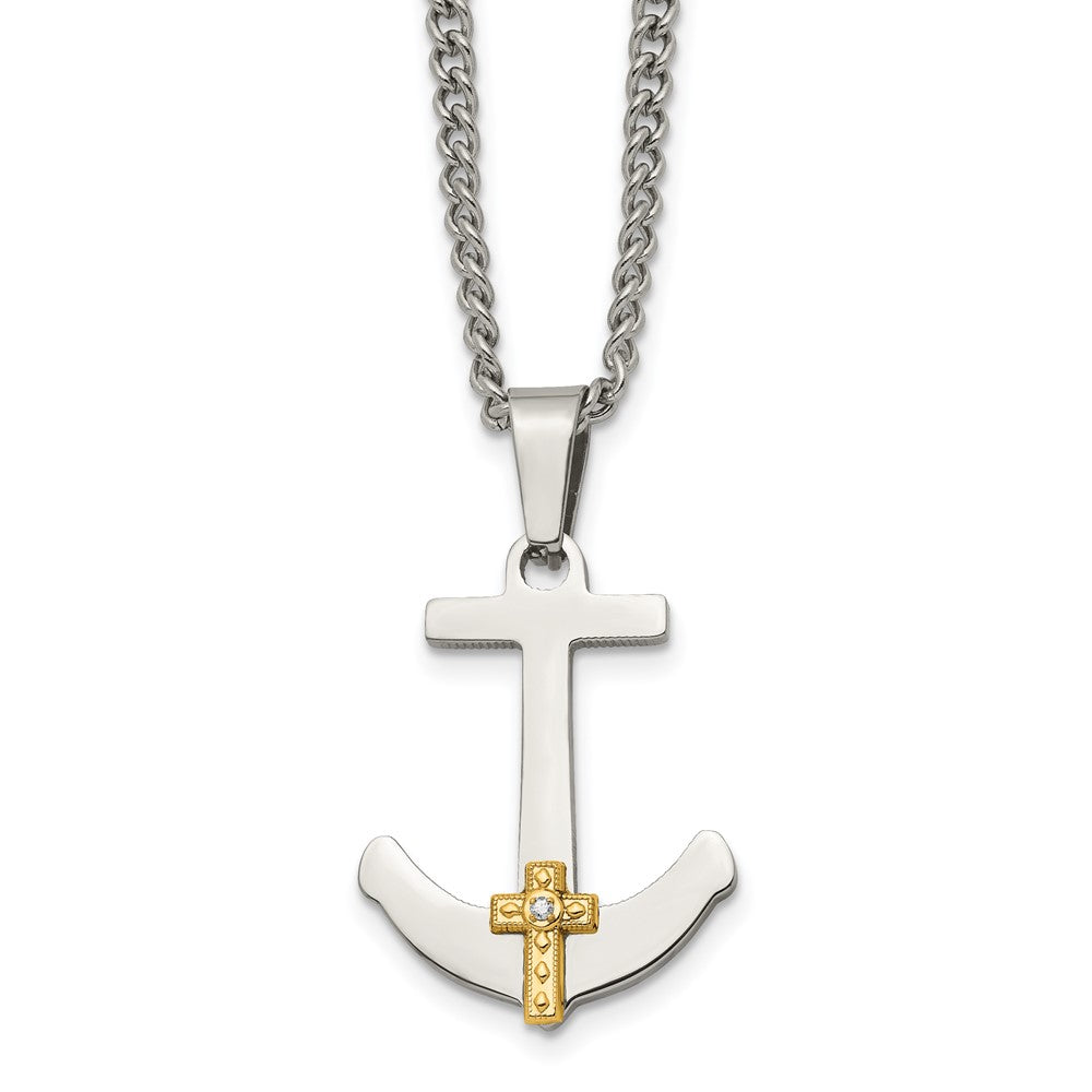 Chisel Stainless Steel Polished with 14k Gold and .02 Carat Diamond Anchor Mariner Cross Pendant on a 24 inch Curb Chain Necklace SRN1949-24