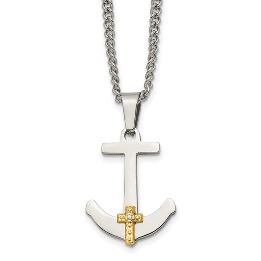 Chisel Stainless Steel Polished with 14k Gold and .02 Carat Diamond Anchor Mariner Cross Pendant on a 24 inch Curb Chain Necklace SRN1949-24