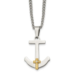 Chisel Stainless Steel Polished with 14k Gold and .02 Carat Diamond Anchor Mariner Cross Pendant on a 24 inch Curb Chain Necklace SRN1949-24
