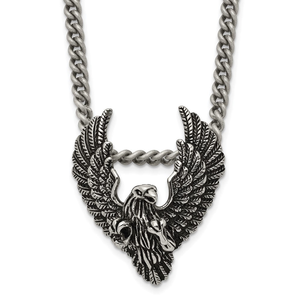 Chisel Stainless Steel Antiqued and Polished Eagle Pendant on a 24 inch Curb Chain Necklace SRN2022-24