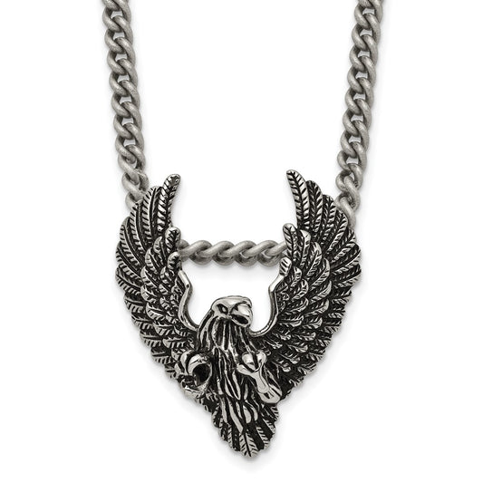 Chisel Stainless Steel Antiqued and Polished Eagle Pendant on a 24 inch Curb Chain Necklace SRN2022-24