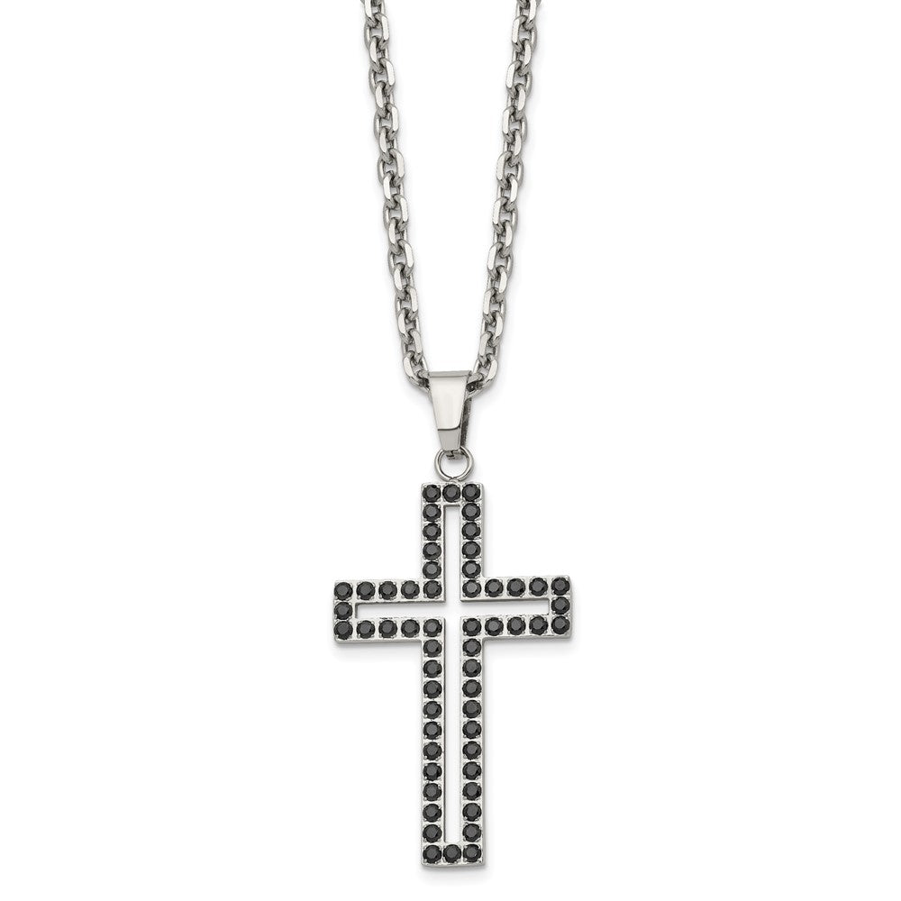 Chisel Stainless Steel Polished Black CZ Cutout Cross Pendant on a 20 inch Cable Chain Necklace SRN2056-20