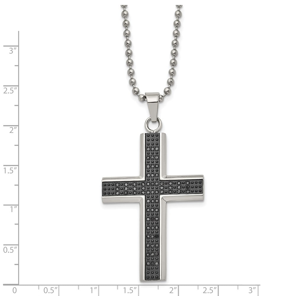 Chisel Stainless Steel Polished with Black Rhodium 1/2 carat Black Diamond Cross Pendant on a 24 inch Ball Chain Necklace SRN2082-24