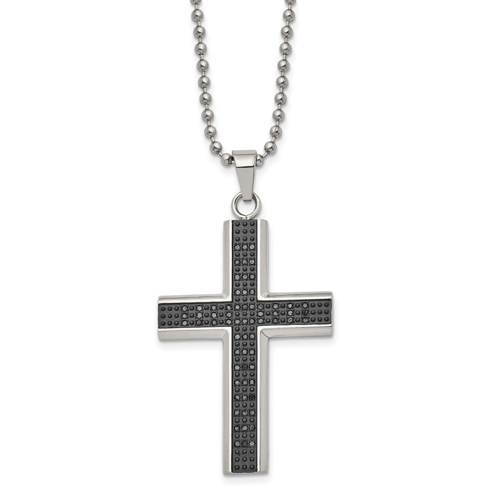 Chisel Stainless Steel Polished with Black Rhodium 1/2 carat Black Diamond Cross Pendant on a 24 inch Ball Chain Necklace SRN2082-24