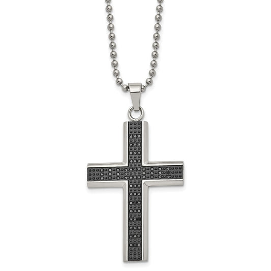 Chisel Stainless Steel Polished with Black Rhodium 1/2 carat Black Diamond Cross Pendant on a 24 inch Ball Chain Necklace SRN2082-24