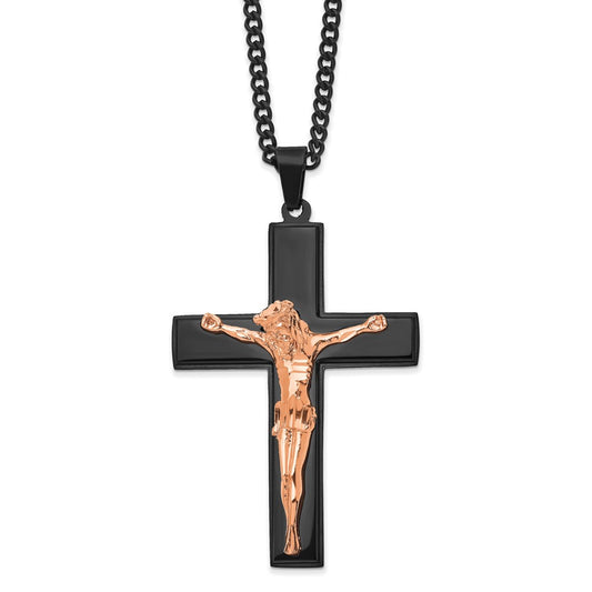 Chisel Stainless Steel Polished Black and Rose IP-plated Crucifix Pendant on a 24 inch Curb Chain Necklace SRN2762-24