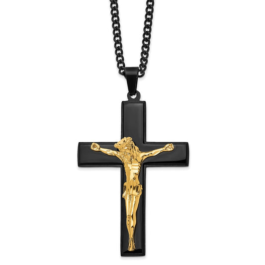 Chisel Stainless Steel Polished Black and Yellow IP-plated Crucifix Pendant on a 24 inch Curb Chain Necklace SRN2763-24