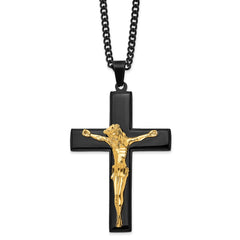 Chisel Stainless Steel Polished Black and Yellow IP-plated Crucifix Pendant on a 24 inch Curb Chain Necklace SRN2763-24