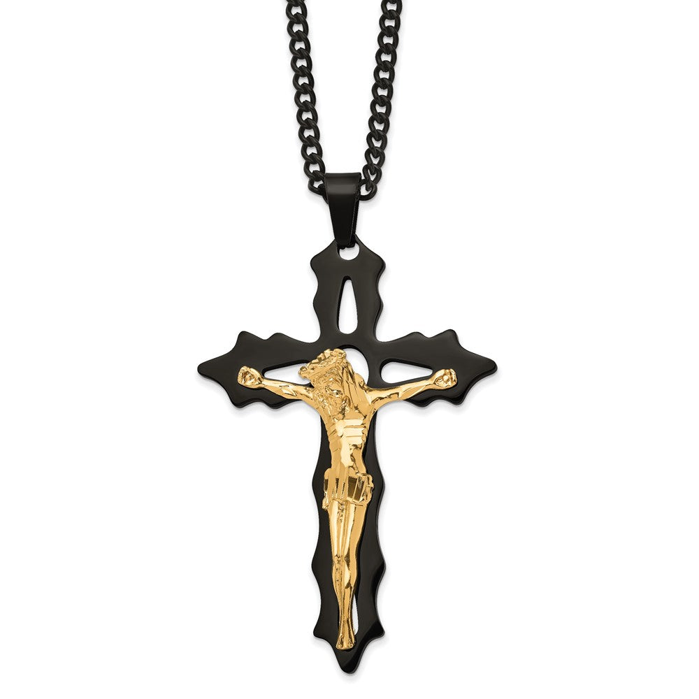 Chisel Stainless Steel Polished Black and Yellow IP-plated Cutout Crucifix Pendant on a 24 inch Curb Chain Necklace SRN2766-24