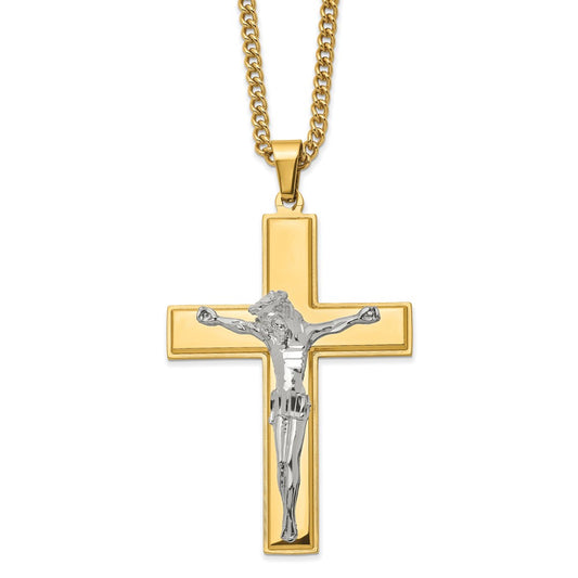 Chisel Stainless Steel Polished Yellow IP-plated Crucifix Pendant on a 24 inch Curb Chain Necklace SRN2767-24