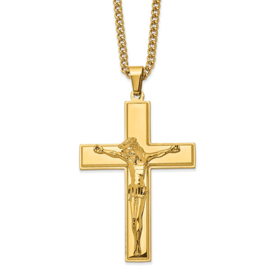 Chisel Stainless Steel Polished Yellow IP-plated Crucifix Pendant on a 24 inch Curb Chain Necklace SRN2768-24