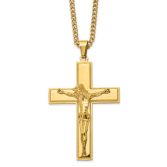 Chisel Stainless Steel Polished Yellow IP-plated Crucifix Pendant on a 24 inch Curb Chain Necklace SRN2768-24