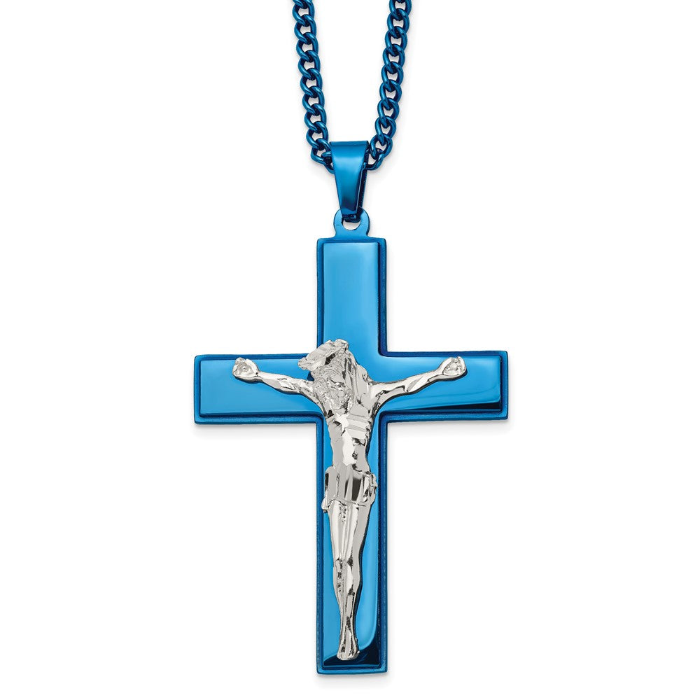 Chisel Stainless Steel Polished Blue IP-plated Crucifix Pendant on a 24 inch Curb Chain Necklace SRN2771-24