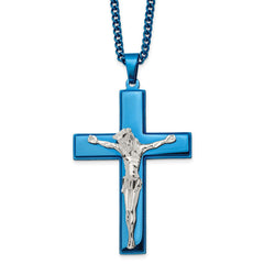 Chisel Stainless Steel Polished Blue IP-plated Crucifix Pendant on a 24 inch Curb Chain Necklace SRN2771-24