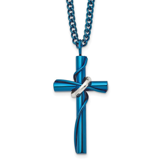 Chisel Stainless Steel Polished Blue IP-plated Cross with Moveable Ring Pendant on a 24 inch Curb Chain Necklace SRN2772-24