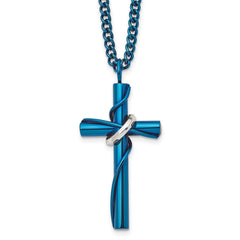 Chisel Stainless Steel Polished Blue IP-plated Cross with Moveable Ring Pendant on a 24 inch Curb Chain Necklace SRN2772-24