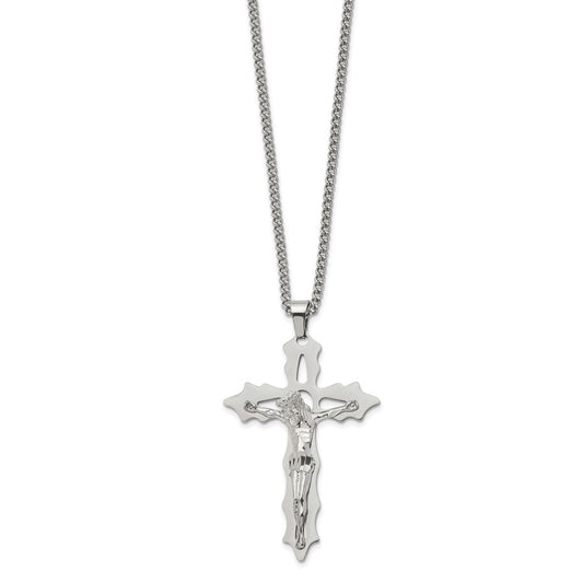 Chisel Stainless Steel Polished Cutout Crucifix Pendant on a 24 inch Curb Chain Necklace SRN2773-24