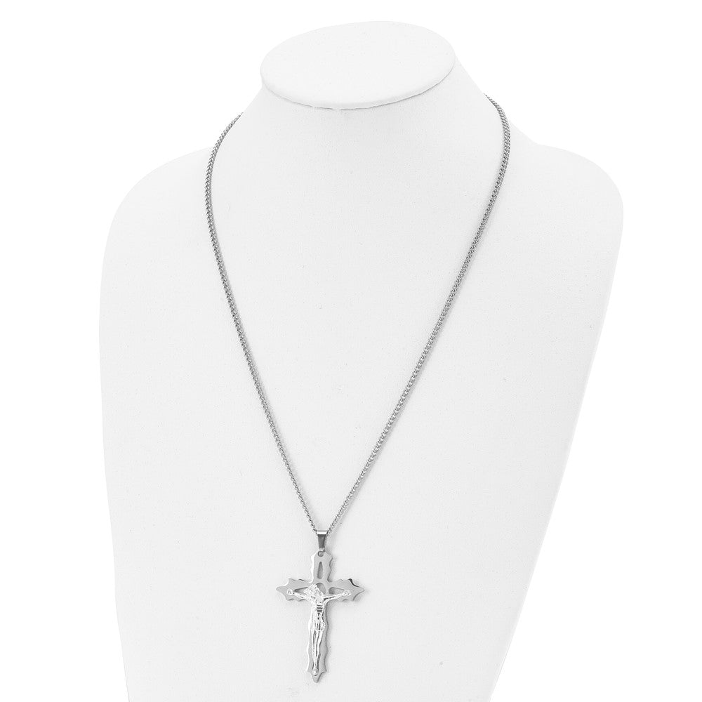 Chisel Stainless Steel Polished Cutout Crucifix Pendant on a 24 inch Curb Chain Necklace SRN2773-24