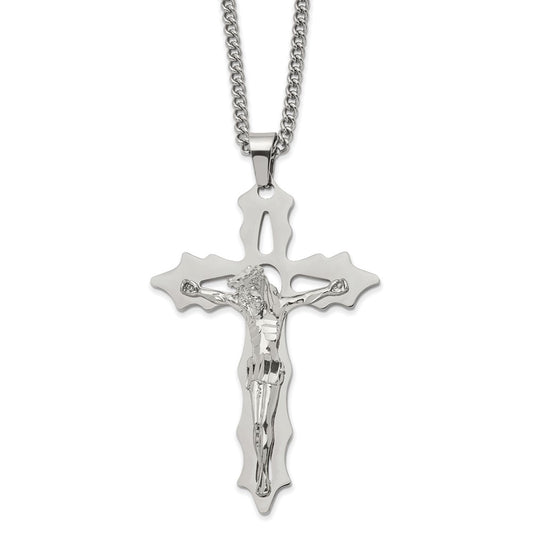 Chisel Stainless Steel Polished Cutout Crucifix Pendant on a 24 inch Curb Chain Necklace SRN2773-24