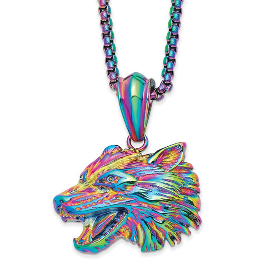 Chisel Stainless Steel Polished Rainbow IP-plated Wolf Head Pendant on a 24 inch Box Chain Necklace SRN2776-24
