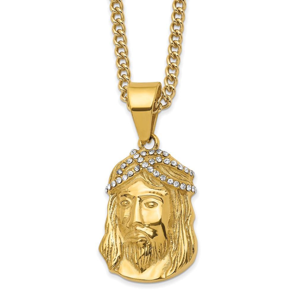 Chisel Stainless Steel Polished Yellow IP-plated with Crystal Jesus Pendant on a 24 inch Curb Chain Necklace SRN2783-24
