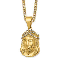 Chisel Stainless Steel Polished Yellow IP-plated with Crystal Jesus Pendant on a 24 inch Curb Chain Necklace SRN2783-24