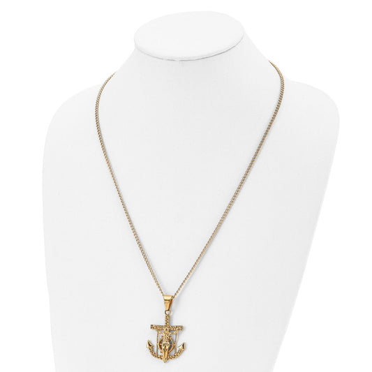 Chisel Stainless Steel Polished and Textured Yellow IP-plated Mariner's Cross Pendant on a 24 inch Curb Chain Necklace SRN2790-24